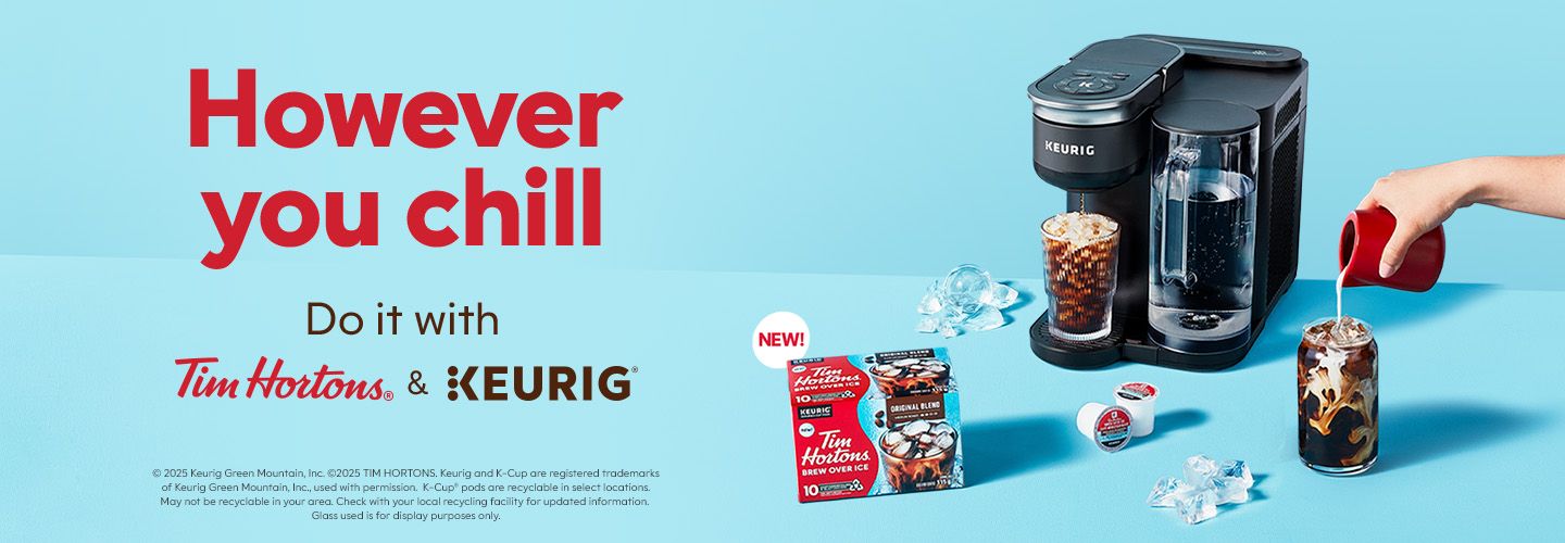 However you chill. Do it with Tim Hortons® and Keurig®. Try Brew Over Ice pods with the K-Brew+Chill™ Coffee Maker.