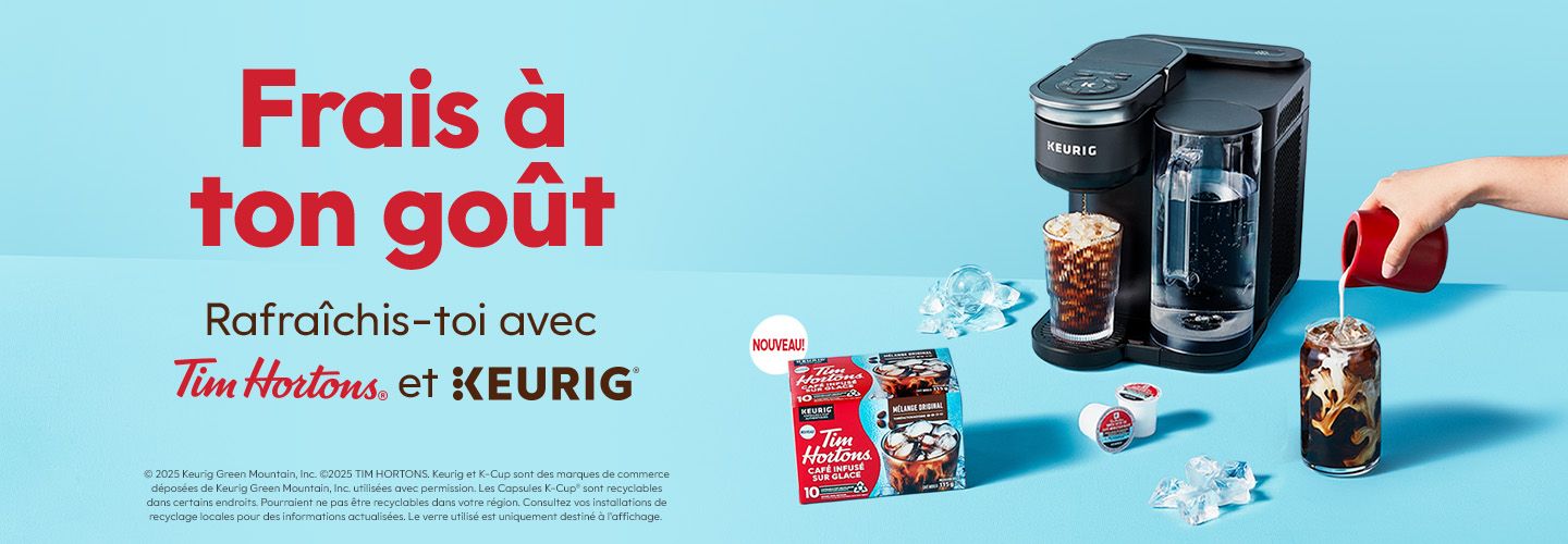 Frais à ton goût. Rafraîchis-toi avec Tim Hortons® et Keurig®. Café glacé à la maison avec la cafetière K-Brew+Chill™ et les capsules Tim® Brew Over Ice.