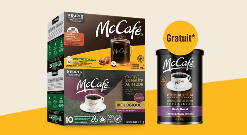 Achetez 2 boîtes de capsules K-Cup® McCafé® et recevez gratuitement un Café instantané de qualité supérieure de torréfaction foncée.