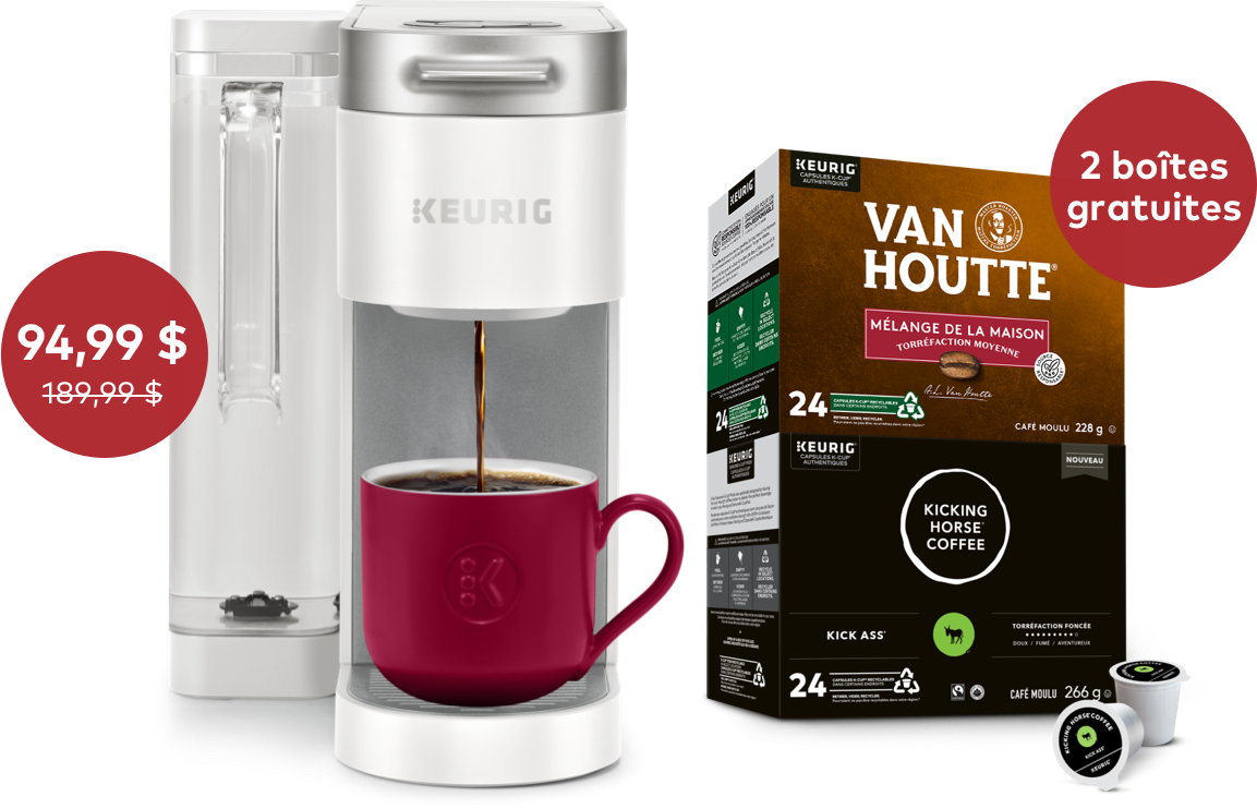 Offre spéciale pour la cafetière Keurig K-Mini® à 94,99 $ (prix régulier 189,99 $), accompagnée de deux boîtes gratuites de capsules K-Cup®.