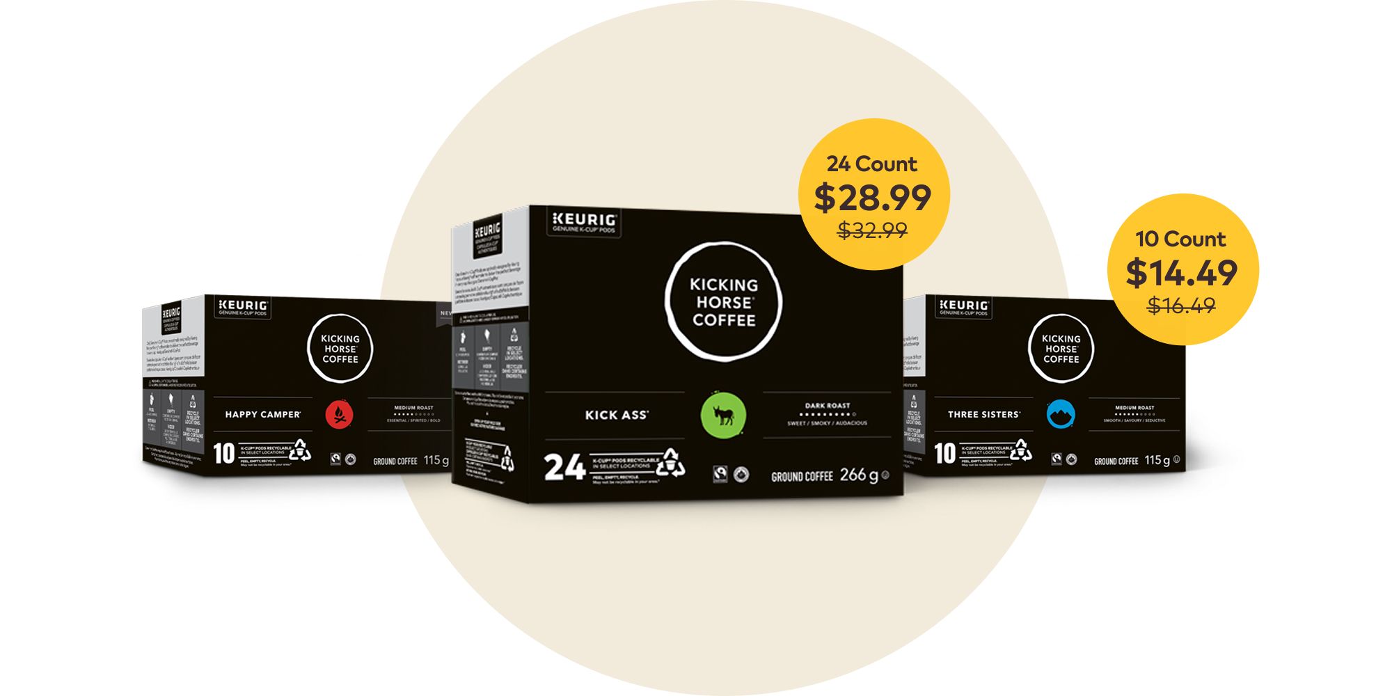 Promotional banner showing discounted Kicking Horse Coffee K-Cup pods for Keurig: 24-count boxes at $28.99 (was $32.99) and 10-count boxes at $14.49 (was $16.99), featuring Kick Ass, Happy Camper, and Three Sisters blends on a minimalist beige background.
