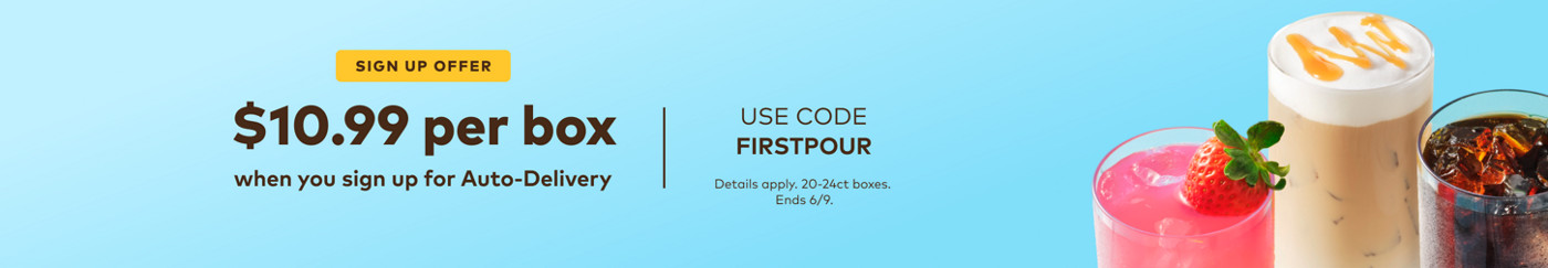 *Offer valid for 25% off select coffee makers and 25% off drinkware accessories purchased on www.Keurig.com or on the Keurig® App through 11:59 p.m. PST on 6/9/2026. Coffee makers eligible for discount include Keurig® K-Mini Mate™ Plus Coffee Maker, Keurig® K-Crema™ High Pressure Coffee Maker, Keurig® K-Supreme® SMART Single Serve Coffee Maker, Keurig® K-Café® SMART Single Serve Coffee Maker, Keurig® K-Supreme Plus® SMART Single Serve Coffee Maker, Keurig® K-Iced® Single Serve Coffee Maker, Keurig® Florence by Mills Coffee x Keurig® K-Iced® Single Serve Coffee Maker, Keurig® K-Slim Coffee Maker and Keurig® K-Mini Plus Coffee Maker. Promotion not valid on Outlet products or any Keurig bundles. Enter code BREWED2CHILL in the “Coupon(s)” box during checkout. Free standard shipping to contiguous U.S. addresses on all brewers and orders of $35 or more, after any promo codes, discounts, and coupons are applied. Cannot be combined with other offers, previous purchases, or Auto-Delivery orders. Keurig reserves the right to cancel, remove, or make changes to the products and/or product pricing available under this offer at any time. All trademarks are the property of their respective owners, used with permission. - use code FIRSTPOUR