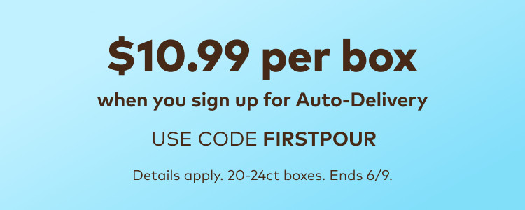 *Offer valid for 25% off select coffee makers and 25% off drinkware accessories purchased on www.Keurig.com or on the Keurig® App through 11:59 p.m. PST on 6/9/2026. Coffee makers eligible for discount include Keurig® K-Mini Mate™ Plus Coffee Maker, Keurig® K-Crema™ High Pressure Coffee Maker, Keurig® K-Supreme® SMART Single Serve Coffee Maker, Keurig® K-Café® SMART Single Serve Coffee Maker, Keurig® K-Supreme Plus® SMART Single Serve Coffee Maker, Keurig® K-Iced® Single Serve Coffee Maker, Keurig® Florence by Mills Coffee x Keurig® K-Iced® Single Serve Coffee Maker, Keurig® K-Slim Coffee Maker and Keurig® K-Mini Plus Coffee Maker. Promotion not valid on Outlet products or any Keurig bundles. Enter code BREWED2CHILL in the “Coupon(s)” box during checkout. Free standard shipping to contiguous U.S. addresses on all brewers and orders of $35 or more, after any promo codes, discounts, and coupons are applied. Cannot be combined with other offers, previous purchases, or Auto-Delivery orders. Keurig reserves the right to cancel, remove, or make changes to the products and/or product pricing available under this offer at any time. All trademarks are the property of their respective owners, used with permission. - use code FIRSTPOUR