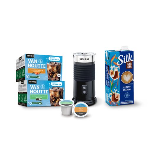 Keurig® Milk Frother Bundle Van Houtte® Brew Over Ice Caramel Vanilla and Dark Chocolate Coconut with Silk Barista Almond