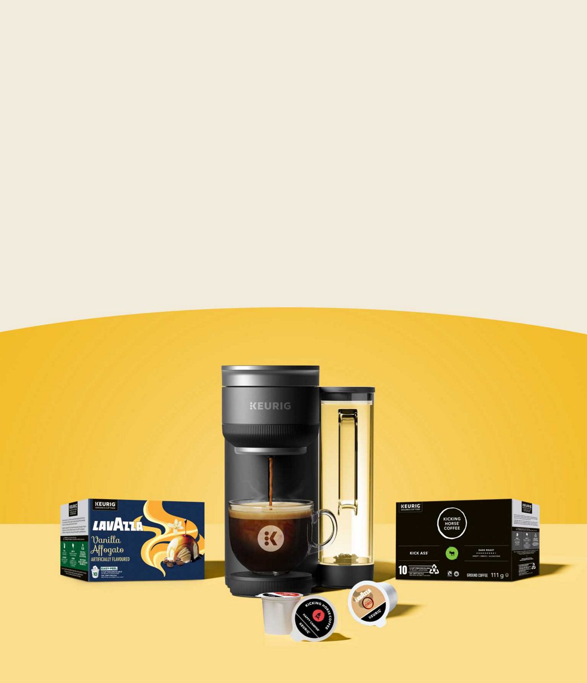 Keurig® coffee maker with Lavazza® and Kicking Horse® Coffee K-Cup® pods and boxes
