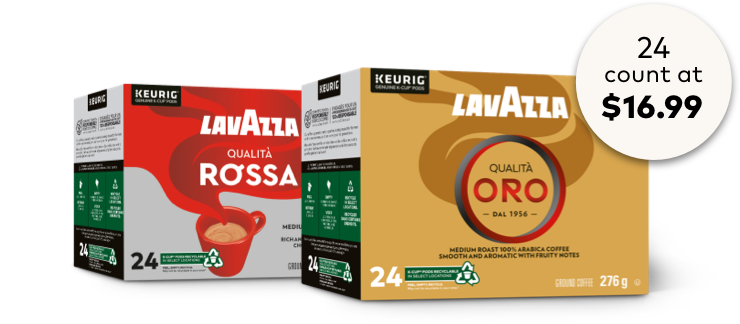 Two boxes of Lavazza K-Cup coffee pods for Keurig: Qualità Rossa in red packaging and Qualità Oro in gold packaging, each containing 24 pods, priced at $16.99.