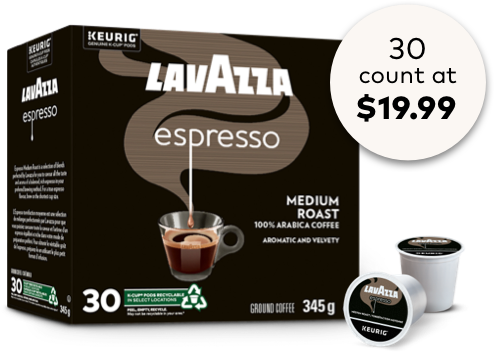 Box of Lavazza Espresso K-Cup coffee pods for Keurig machines, with black packaging, labeled as medium roast, 100% Arabica coffee, aromatic and velvety. The box contains 30 pods and is priced at $19.99. One K-Cup pod and a close-up of a pod lid are shown beside the box.