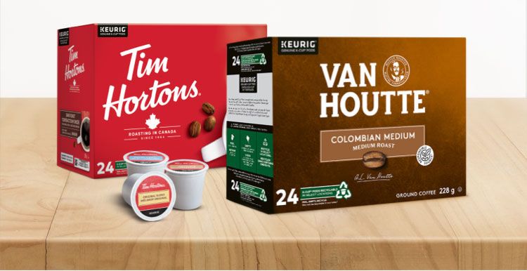 Boîtes de café Van Houtte Colombien Mi-Noir de torréfaction moyenne et Tim Hortons Mélange original de torréfaction moyenne avec une réduction de 25 % sur la première commande en livraison automatique.
