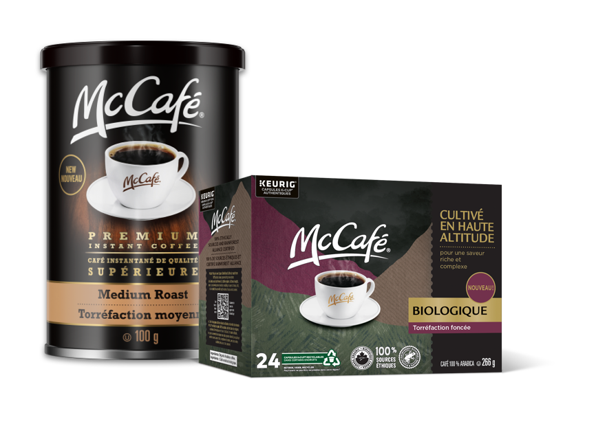 Une boite de MaCafé biologique cultivé en haute altitude et une canne de café de torréfaction moyenne McCafé