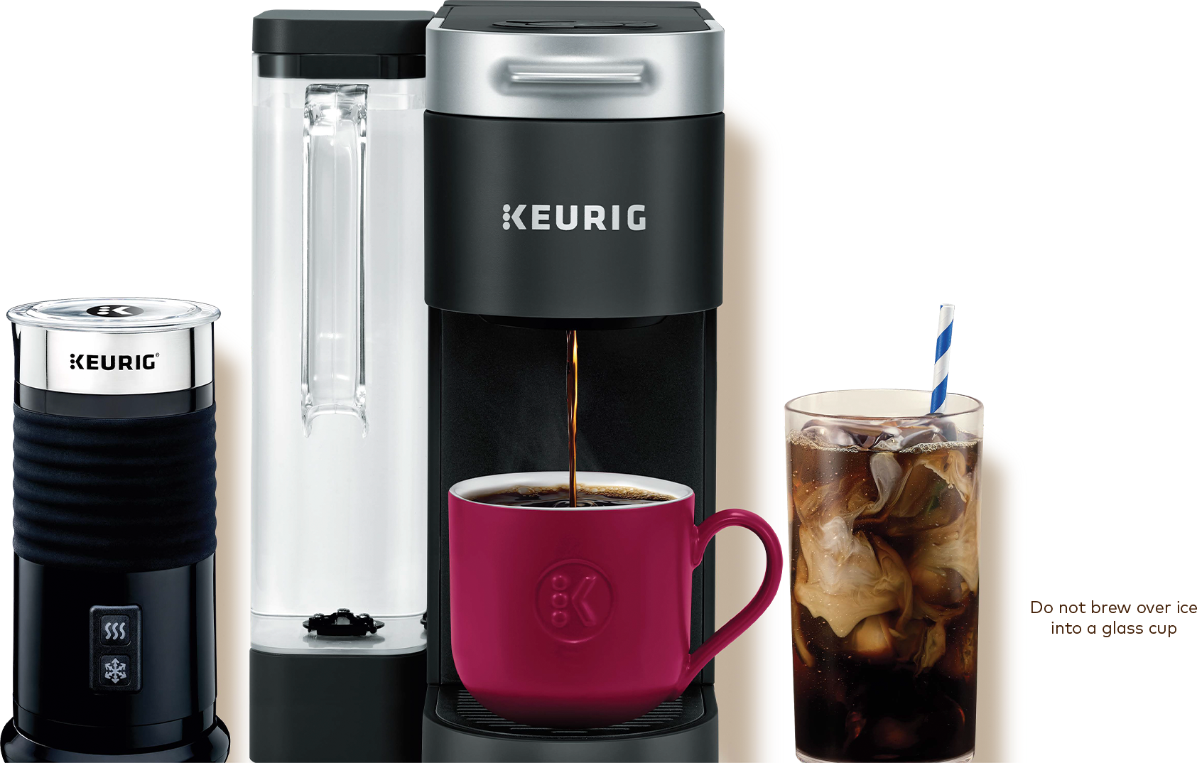 Keurig coffee maker with a cup of coffee and an iced coffee. Do not brew over ice into a glass cup.