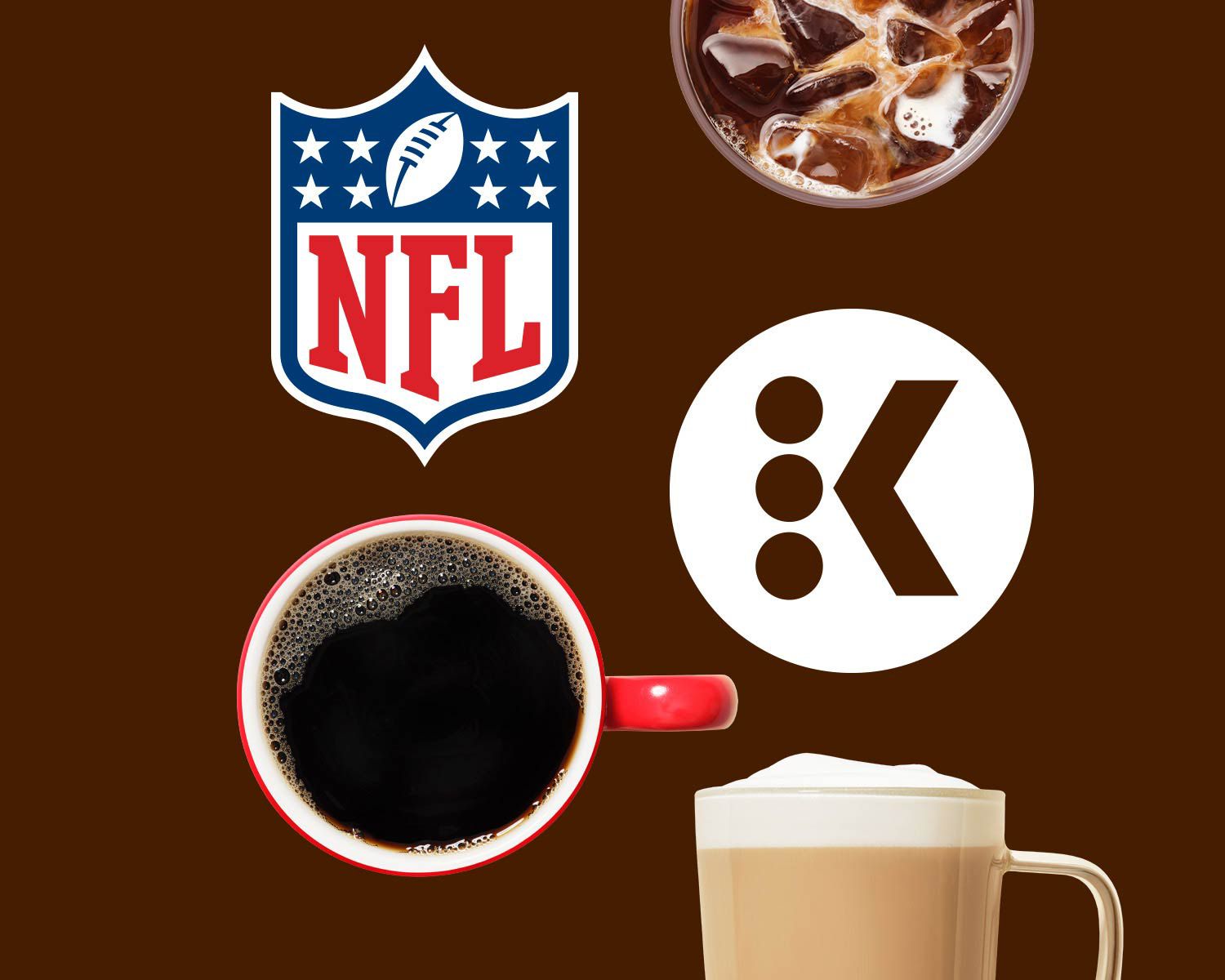 NFL logo with three coffee beverages: iced coffee, black coffee in a red mug, and a latte or cappuccino in a glass mug.