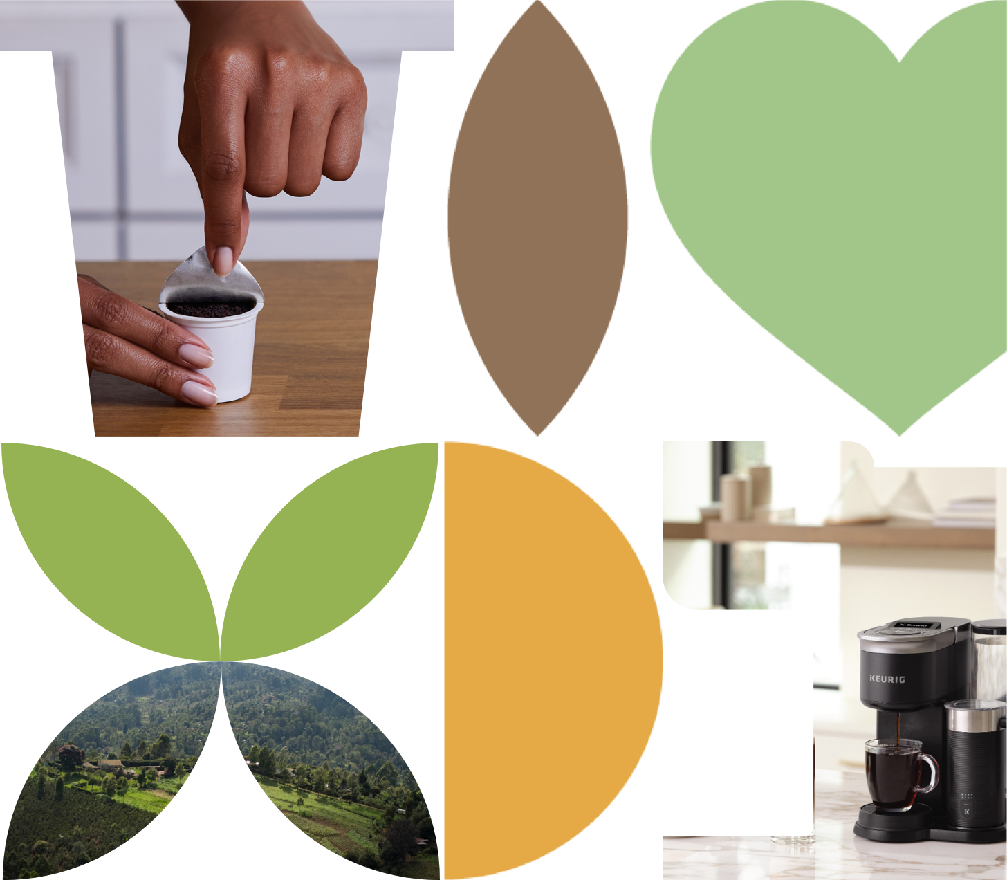 Collage containing images of a K-Cup pod, a Keurig brewer, and a coffee farmPeelable Lid K-Cup pod being peeled and Woman smiling with Keurig coffe maker