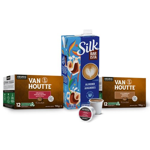 Image displaying boxes of Van Houtte® Original House Blend and Colombian Medium with Silk® Barista Almond