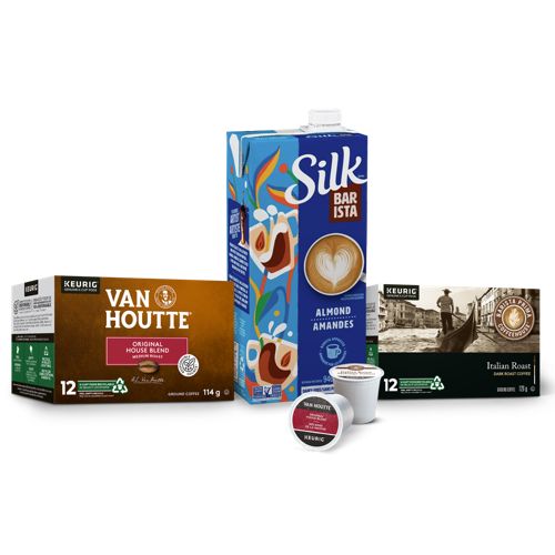 Image displaying boxes of Van Houtte® Original House Blend and Barista Prima Coffee House® Italian with Silk® Barista Almond