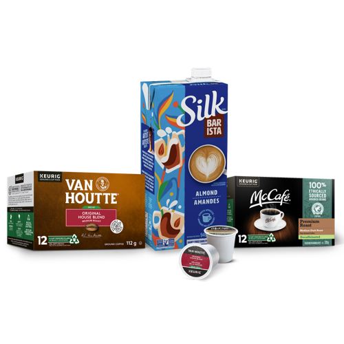 Image displaying boxes of Van Houtte® Original House Blend Decaf and McCafé® Premium Roast Decaf with Silk Barista Almond Bundle